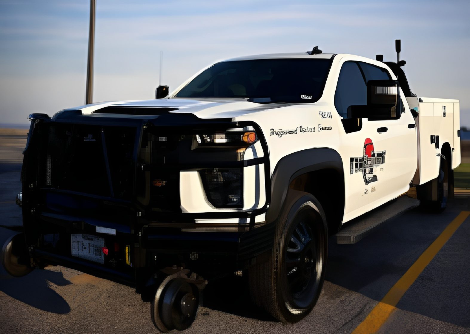 A black and white police truck parked outdoors at dusk.