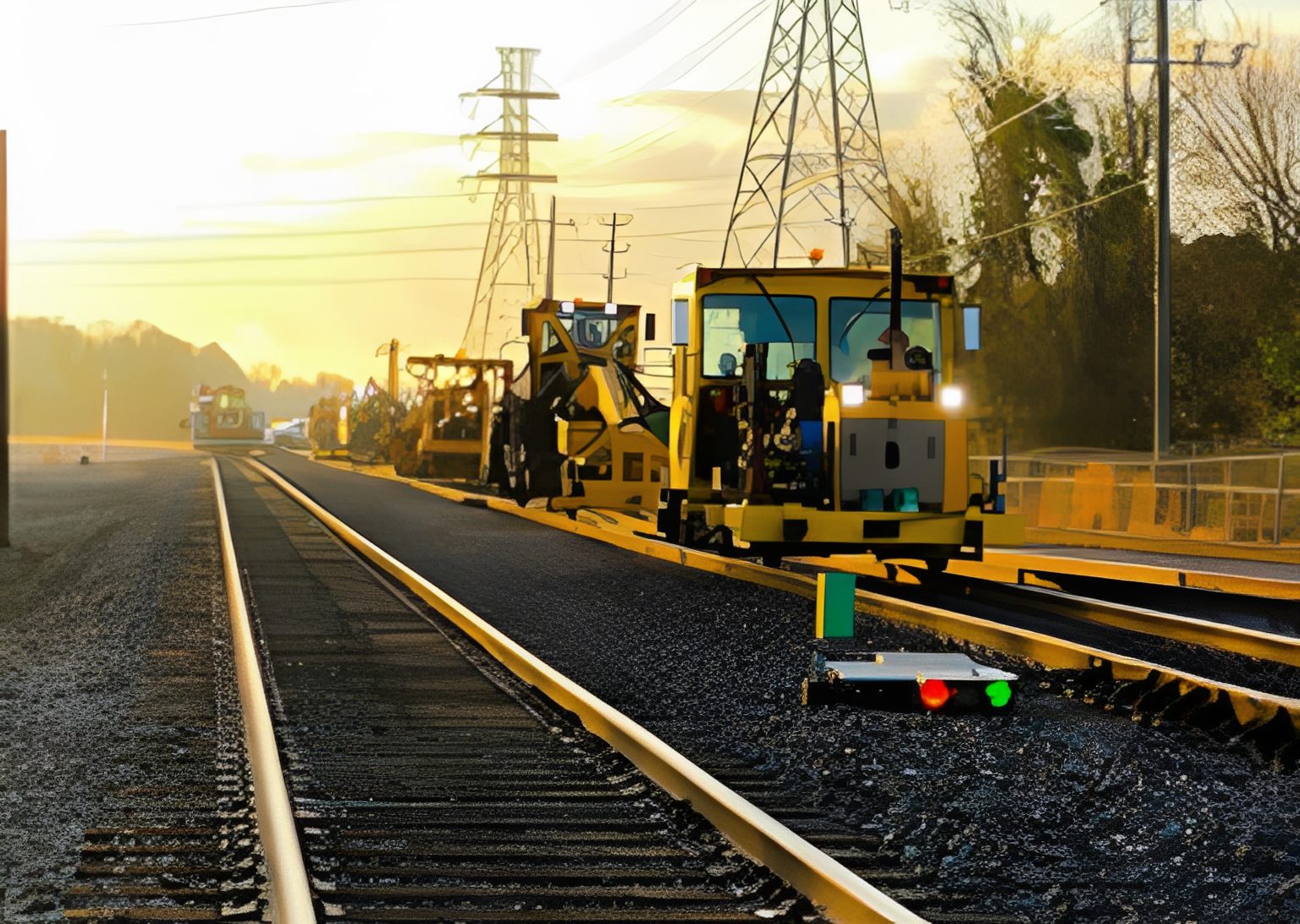 Construction vehicles working on railroad tracks during sunset.