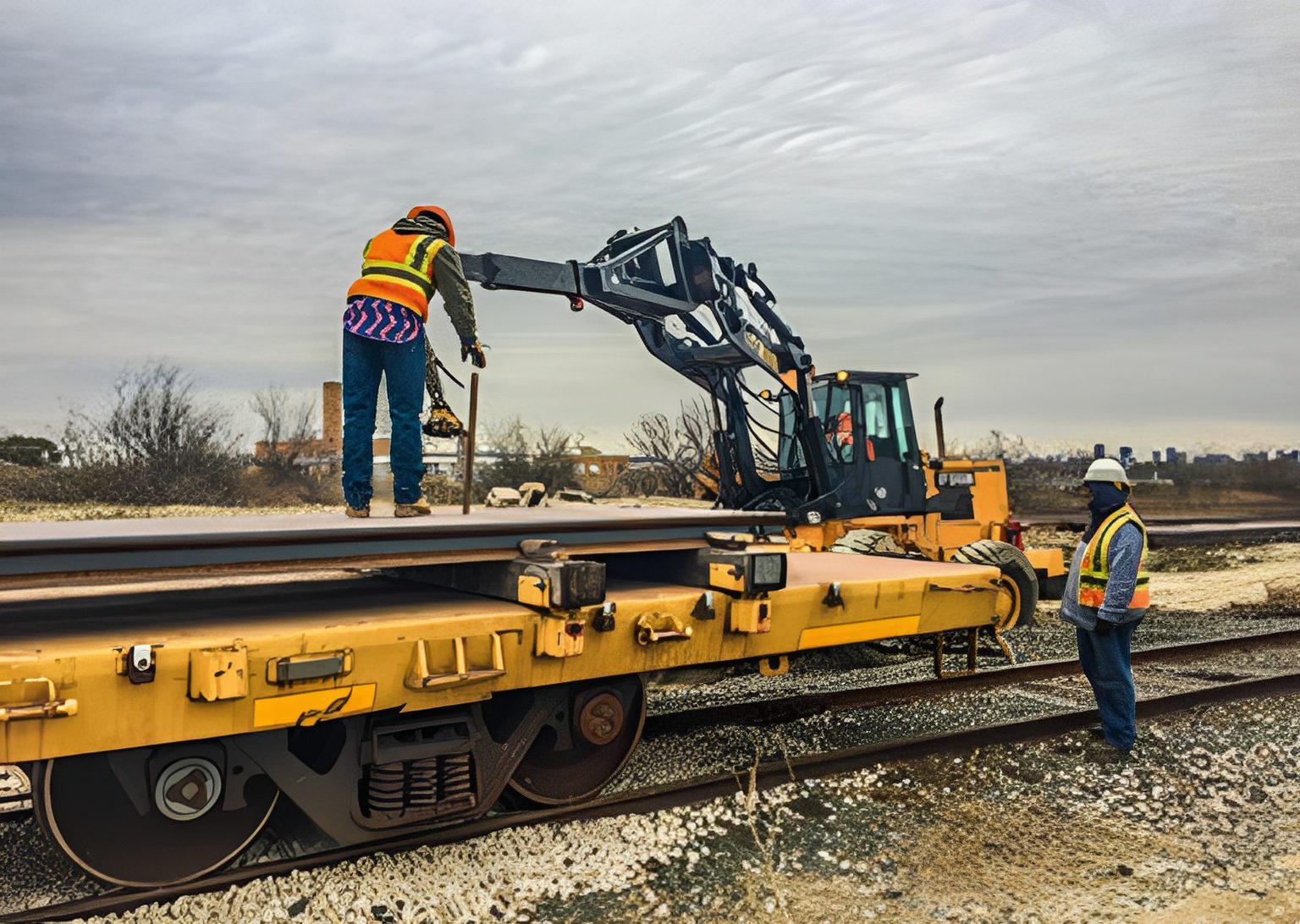 Worker operates a crane unloading equipment from a train.